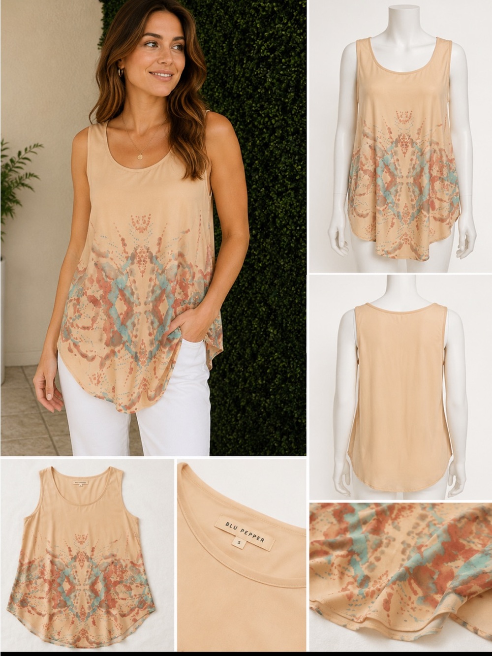 Blu Pepper Peach Tank Top with Coral and Aqua Abstract Print